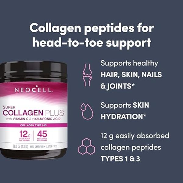 NeoCell Super Collagen Powder, Collagen Plus includes Vitamin C & Hyaluronic Acid, Promotes Healthy Hair, Beautiful Skin, & Nail Support, Collagen Type 1 & 3, 12g Collagen per Serv
