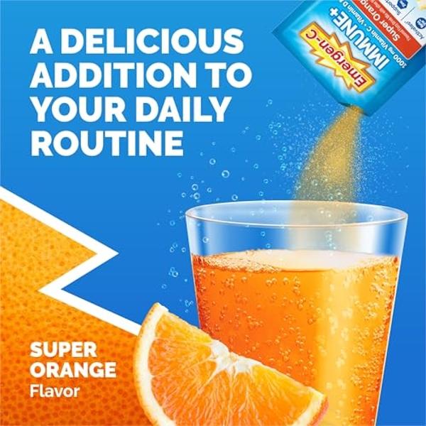 Emergen-C Immune+ Triple Action Immune Support Powder, BetaVia (R), 1000mg Vitamin C, B Vitamins, Vitamin D and Antioxidants, Super Orange – 50 Count
