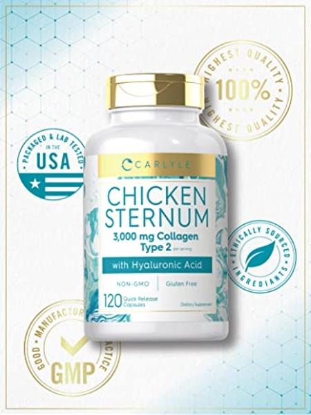 Carlyle Chicken Sternum Cartilage Collagen Capsules | Type II 3000mg | 120 Pills | with Hyaluronic Acid | Non-GMO, Gluten Free