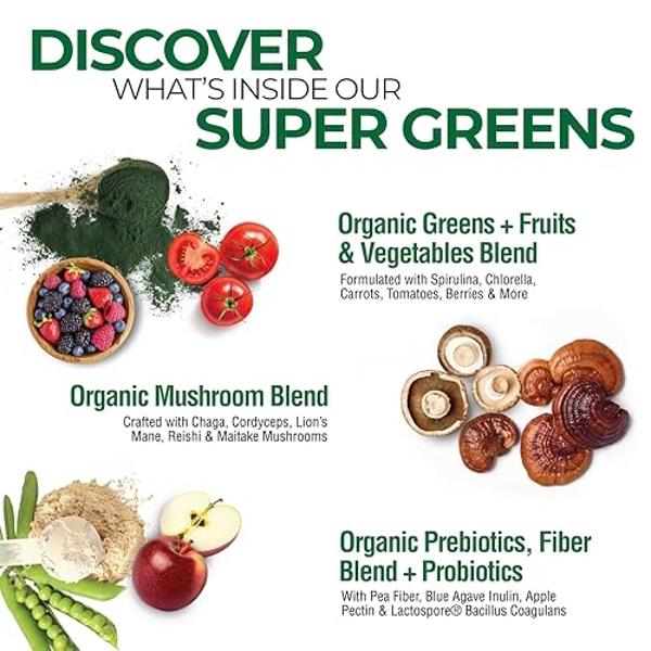 COUNTRY FARMS Super Greens Natural Flavor, 50 Organic Super Foods, USDA Organic Drink Mix, Fruits, Vegetables, Super Greens, with Fiber, Mushrooms & Probiotics, Supports Energy, 60