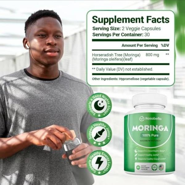 Rosabella Moringa Capsules - Pure Moringa Powder, Energy, Skin, Immune & Gut Health Superfood, Rich in Antioxidants, Essential Vitamins & Amino Acids, Natural Green Superfood Suppl