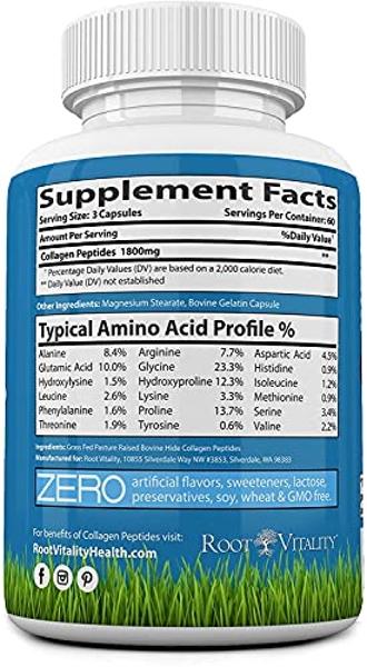 Root Vitality Collagen Peptides Capsules - Grass-Fed, Pasture-Raised Hydrolyzed Protein Supplement for Skin, Hair, & Nails - Non-GMO, Zero Sugar Daily Pills for Men & Women (180 Ca