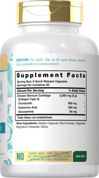 Carlyle Chicken Sternum Cartilage Collagen Capsules | Type II 3000mg | 120 Pills | with Hyaluronic Acid | Non-GMO, Gluten Free