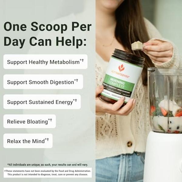 ACTIVATEDYOU Morning Complete Daily Wellness Greens Superfood Drink Mix for Gut Health w/Prebiotics, Probiotics, Antioxidants, Green Superfoods, 10 Billion CFUs, 30 Servings (Apple