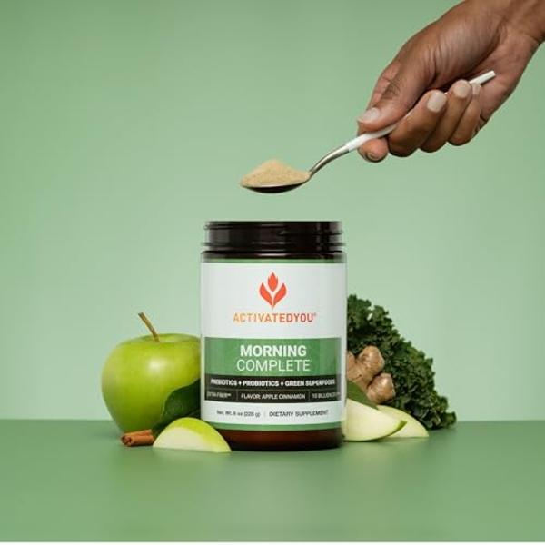 ACTIVATEDYOU Morning Complete Daily Wellness Greens Superfood Drink Mix for Gut Health w/Prebiotics, Probiotics, Antioxidants, Green Superfoods, 10 Billion CFUs, 30 Servings (Apple
