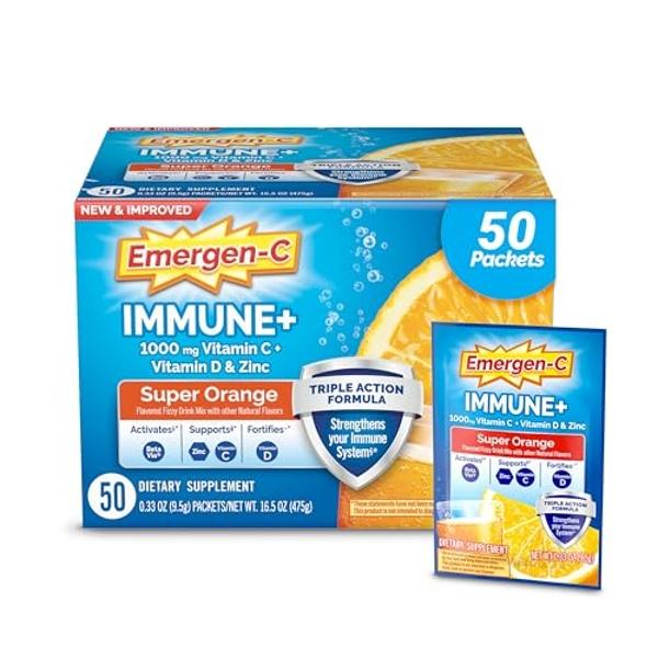 Emergen-C Immune+ Triple Action Immune Support Powder, BetaVia (R), 1000mg Vitamin C, B Vitamins, Vitamin D and Antioxidants, Super Orange – 50 Count