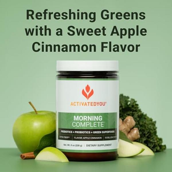ACTIVATEDYOU Morning Complete Daily Wellness Greens Superfood Drink Mix for Gut Health w/Prebiotics, Probiotics, Antioxidants, Green Superfoods, 10 Billion CFUs, 30 Servings (Apple