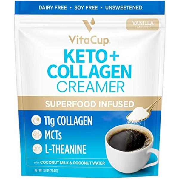 VitaCup Keto + Collagen Coffee Creamer Vanilla Flavor with MCT, Collagen Protein, Coconut Water, L-Theanine for Keto Diet, Use in Coffee, Smoothies, & Shakes, Dairy-Free, Gluten-Fr