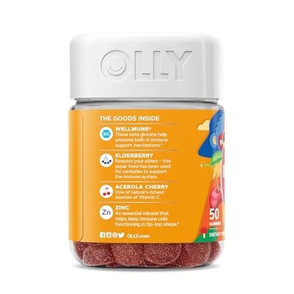 OLLY Kids Immunity Gummy, Immune Support, Wellmune, Elderberry, Vitamin C, Zinc, Chewable Supplement, Cherry - 50 Count