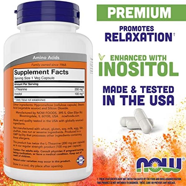 NOW Foods L-Theanine, Double Strength 200 mg Per Cap - 180 Veg Capsules (Pack of 2) (360 Total caps) - Enhanced with 100mg Inositol - Vegetarian, Non-GMO - Ltheanine 200mg Suppleme