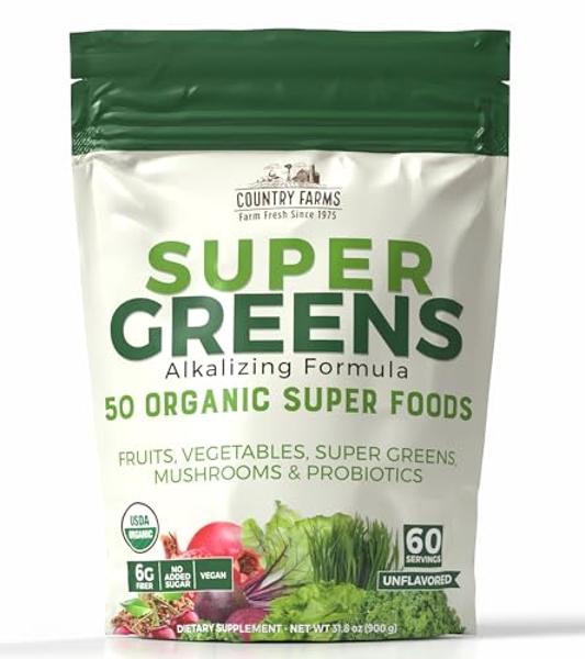 COUNTRY FARMS Super Greens Natural Flavor, 50 Organic Super Foods, USDA Organic Drink Mix, Fruits, Vegetables, Super Greens, with Fiber, Mushrooms & Probiotics, Supports Energy, 60