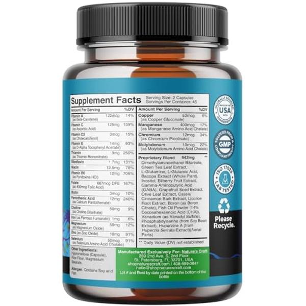Nootropic Brain Supplement for Memory and Focus Enhancement - Vitamins for Mental Health & Clarity with VIT A, B6, Riboflavin, Niacin, Thiamin & Folate - Cognitive Complex for Mind