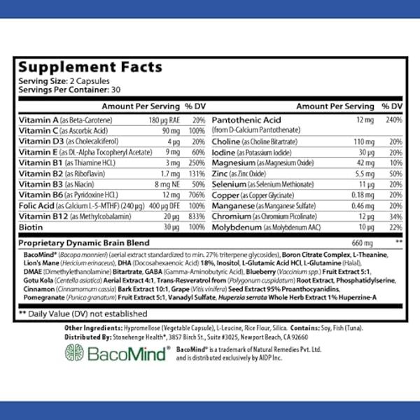 Stonehenge Health Dynamic Brain Supplement – New Formula with BacoMind for Memory Acquisition, Retention, & Recall with 40 Unique Nootropic: Choline, Phosphatidylserine, and Huperz