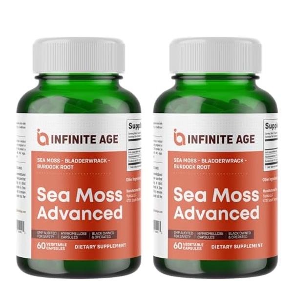 INFINITE AGE 2 Pack of 1250mg Sea Moss Advanced Superfood Capsules, 120 Count - High-Potency, Vegan, Made in The USA - Irish Seamoss, Bladderwrack, Burdock Root - Overall Health, I