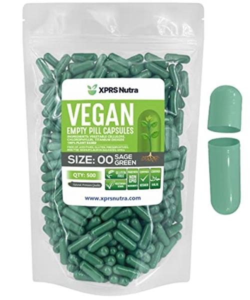 Size 00 Empty Capsules - 500 Count Empty Vegan Capsules - Vegetarian Empty Pills - DIY Vegetable Capsule Filling- Veggie Pill Caps (Sage Green)