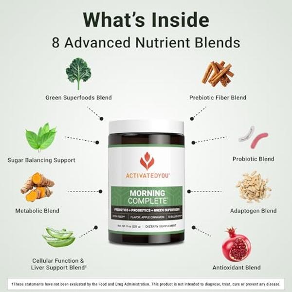 ACTIVATEDYOU Morning Complete Daily Wellness Greens Superfood Drink Mix for Gut Health w/Prebiotics, Probiotics, Antioxidants, Green Superfoods, 10 Billion CFUs, 30 Servings (Apple
