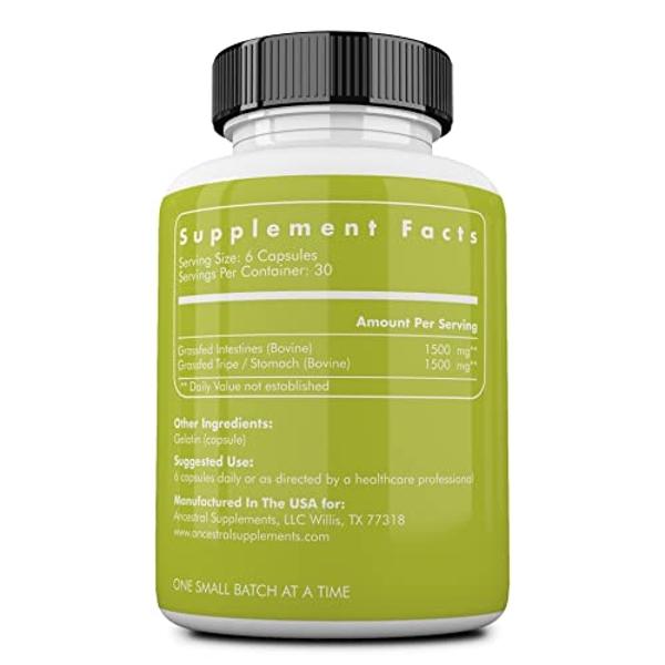 Ancestral Supplements Grass Fed Beef Intestines with Stomach (Tripe), 3000mg, Digestion Supplement Supports Acid Reflux and Gut, Intestine and Digestive Health, Non GMO, 180 Capsul
