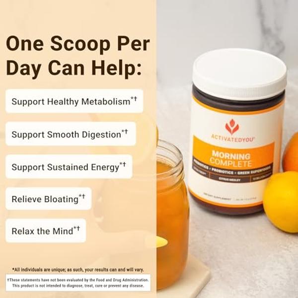 ACTIVATEDYOU Morning Complete Daily Wellness Greens Superfood Drink Mix for Gut Health w/Prebiotics, Probiotics, Antioxidants, Green Superfoods, 10 Billion CFUs, 30 Servings (Citru