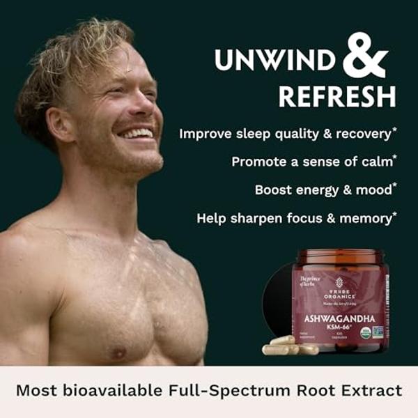 TRIBE ORGANICS Ashwagandha KSM 66 Pure Organic Root Powder Extract Ayurvedic Supplement - Focus, Mood Support, Increase Energy, Strength, 600mg of Natural KSM66 for Superior Absorp