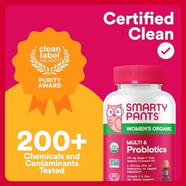 SmartyPants Organic Women's Multivitamin Gummies: Biotin, Probiotics, Methylfolate, Omega 3 (ALA), Vitamin D3, C, Vitamin B12, B6, A, K & Zinc, Inositol, Gluten Free, 120 Count (30