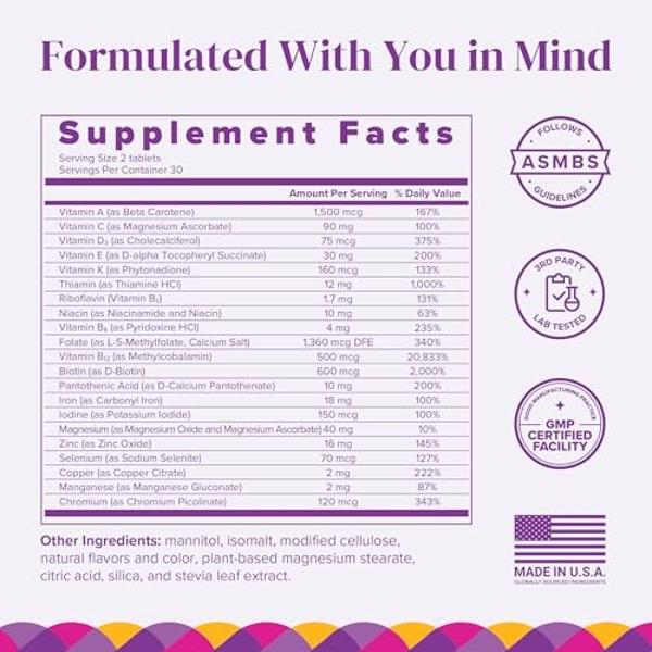 BariMelts Bariatric Multivitamin with Iron, 60 Fast-Dissolving Tablets (1-Month Supply), Sugar-Free Bariatric Vitamins for Women, Natural Blueberry Flavor​