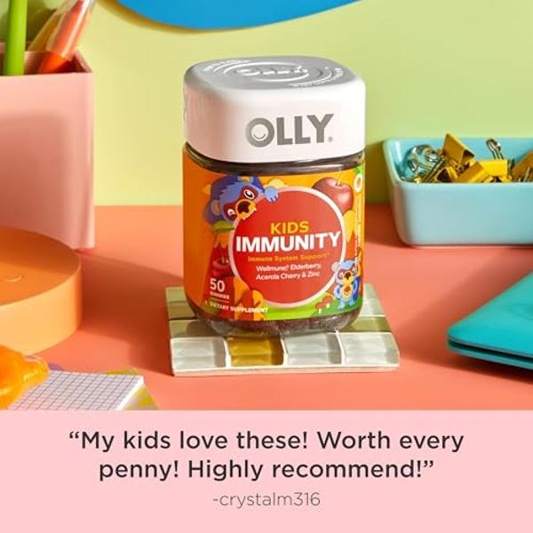 OLLY Kids Immunity Gummy, Immune Support, Wellmune, Elderberry, Vitamin C, Zinc, Chewable Supplement, Cherry - 50 Count