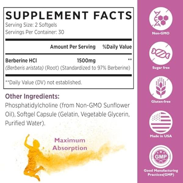 Berberine HCL Supplement 1500mg - Third Party Tested, High Bioavailability Liposomal Berberine Capsules for Women and Men, AMPK Activator