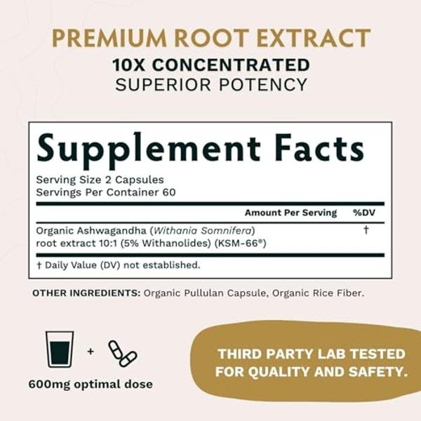 TRIBE ORGANICS Ashwagandha KSM 66 Pure Organic Root Powder Extract Ayurvedic Supplement - Focus, Mood Support, Increase Energy, Strength, 600mg of Natural KSM66 for Superior Absorp