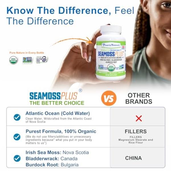 Power By Naturals Sea Moss Plus - USDA Organic Irish Sea Moss Capsules w/Wild Harvested Irish Seamoss, Bladderwrack & Burdock Root Immunity Supplement Sea Moss Pills for Adult 60Ct