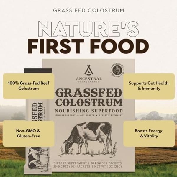 Ancestral Supplements Grass Fed Beef Bovine Colostrum Powder Packets, Immune Support Supplement, Gut, Skin & Hair Health Support Supplements, Promotes Growth and Repair, Non GMO, 3