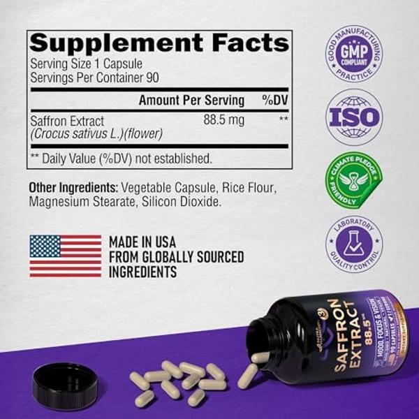 Natural Saffron Supplements - Pure Saffron Extract 88.5 mg - Made in USA - Mood | Focus | Vision | Energy Support - Eye Health for Women & Men - NonGMO Vegan Pills - 90 Powder Caps