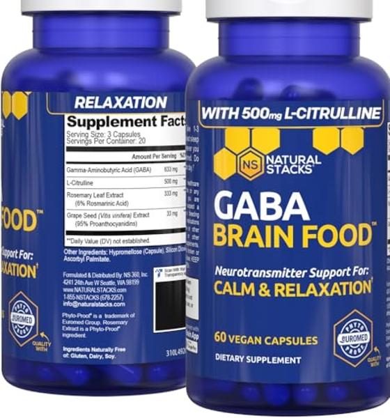 GABA Brain Food - GABA Supplement with L-Citrulline & Grape Seed Extract - Supports Calm & Relaxation - Nighttime Sleep Aid - Supports Production of Gamma Aminobutyric Acid - 60 L-