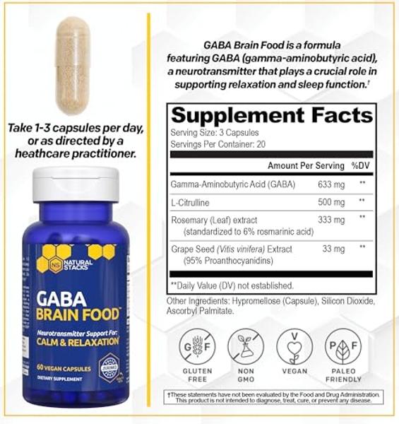 GABA Brain Food - GABA Supplement with L-Citrulline & Grape Seed Extract - Supports Calm & Relaxation - Nighttime Sleep Aid - Supports Production of Gamma Aminobutyric Acid - 60 L-