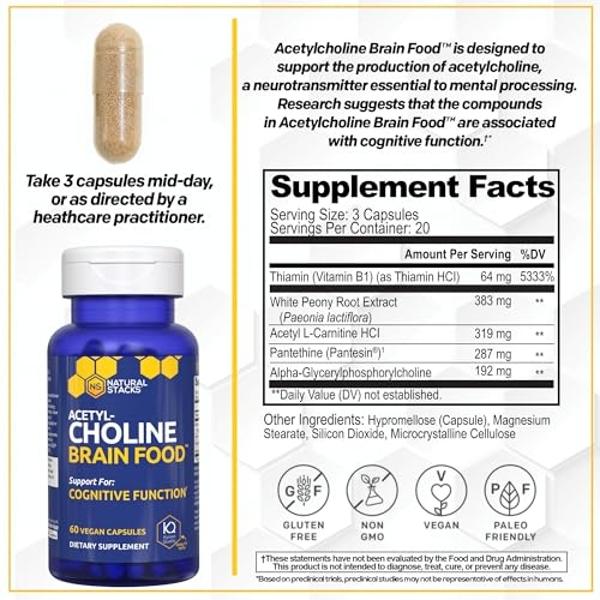 Acetylcholine Brain Food - Acetyl L-Carnitine & Alpha GPC Supplement - Supports Production of Acetylcholine - Neurotransmitter Supplement for Cognitive Function - 60 Capsules