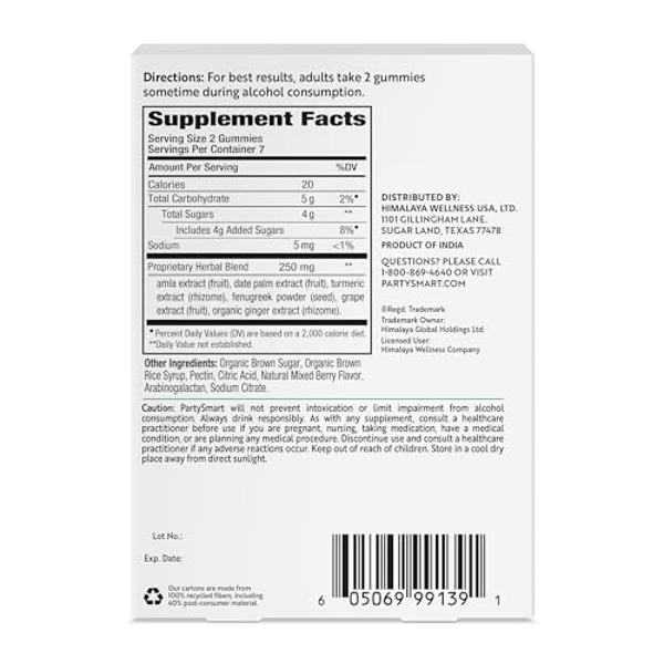 Himalaya PartySmart Gummies, 2 Gummies for a Better Morning, Liver Support, Better Morning After Drinking, Plant-Based, Vegan, Gluten Free, No Artificial Colors, 14 Gummies, 250 mg