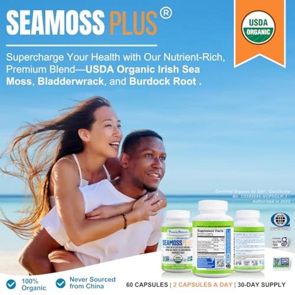 Power By Naturals Sea Moss Plus - USDA Organic Irish Sea Moss Capsules w/Wild Harvested Irish Seamoss, Bladderwrack & Burdock Root Immunity Supplement Sea Moss Pills for Adult 60Ct