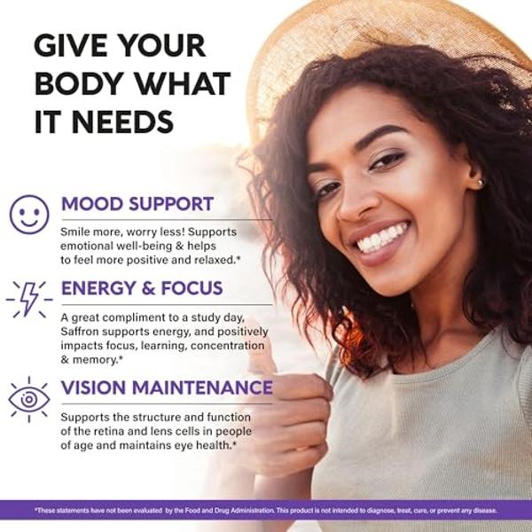 Natural Saffron Supplements - Pure Saffron Extract 88.5 mg - Made in USA - Mood | Focus | Vision | Energy Support - Eye Health for Women & Men - NonGMO Vegan Pills - 90 Powder Caps