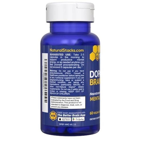 NATURAL STACKS Dopamine Brain Food - 650mg L-Tyrosine Supplement - Dopamine Supplement for Focus & Mental Drive - Supports Mental Energy - Neurotransmitter Support with B Vitamins 