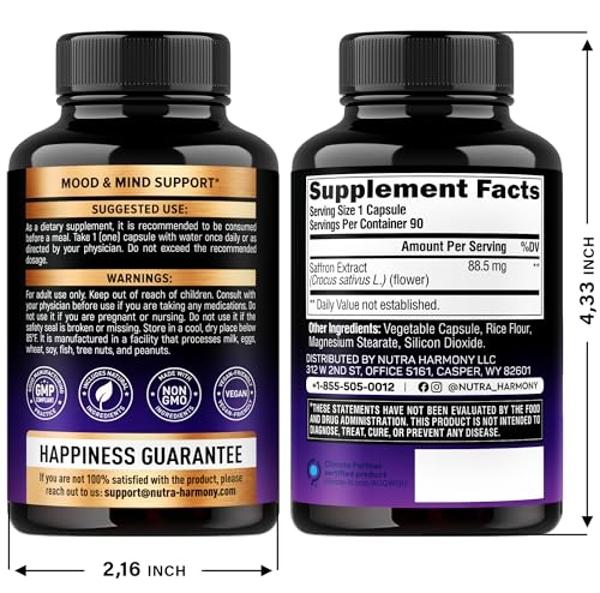 Natural Saffron Supplements - Pure Saffron Extract 88.5 mg - Made in USA - Mood | Focus | Vision | Energy Support - Eye Health for Women & Men - NonGMO Vegan Pills - 90 Powder Caps