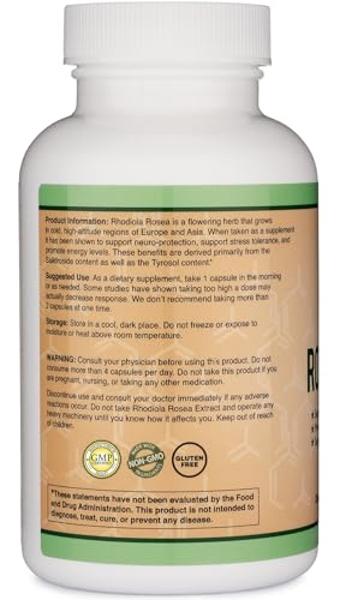 Rhodiola Rosea Supplement 500mg, 120 Vegan Capsules (Third Party Test, Gluten Free, 3% Salidrosides, 1% Rosavins Extract) for Performance, Calming, Motivation by Double Wood