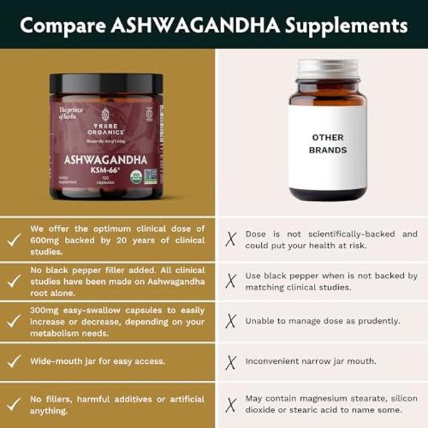 TRIBE ORGANICS Ashwagandha KSM 66 Pure Organic Root Powder Extract Ayurvedic Supplement - Focus, Mood Support, Increase Energy, Strength, 600mg of Natural KSM66 for Superior Absorp