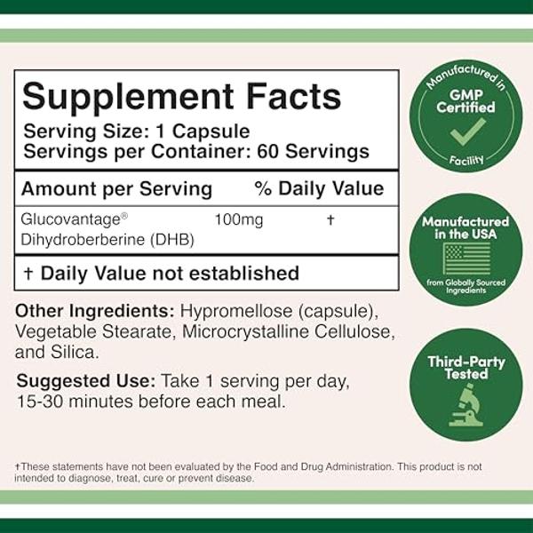 Dihydroberberine Supplement 100mg, 60 Capsules (Patented GlucoVantage Super Berberine, May be 5X More Effective Than Berberine with Less Side Effects) Third Party Tested, Vegan Saf