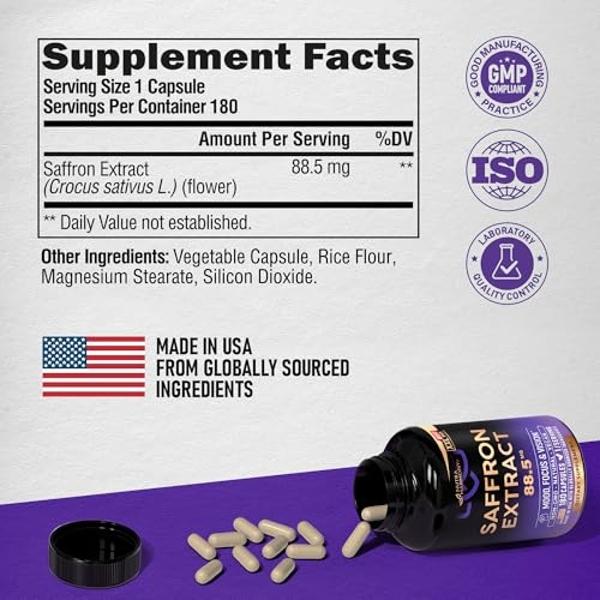 Natural Saffron Supplements - Pure Saffron Extract 88.5 mg - Made in USA - Mood | Focus | Vision | Energy Support - Eye Health for Women & Men - NonGMO Vegan Pills - 180 Powder Cap