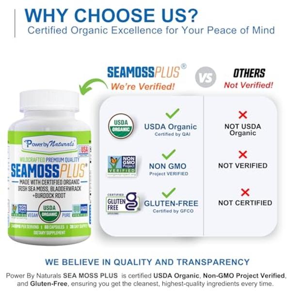 Power By Naturals Sea Moss Plus - USDA Organic Irish Sea Moss Capsules w/Wild Harvested Irish Seamoss, Bladderwrack & Burdock Root Immunity Supplement Sea Moss Pills for Adult 60Ct