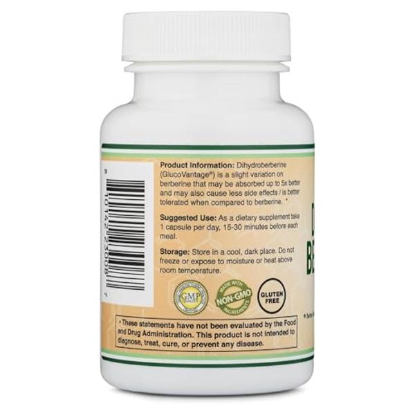 Dihydroberberine Supplement 100mg, 60 Capsules (Patented GlucoVantage Super Berberine, May be 5X More Effective Than Berberine with Less Side Effects) Third Party Tested, Vegan Saf