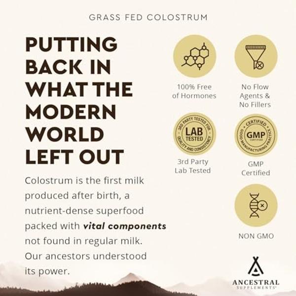 Ancestral Supplements Grass Fed Beef Bovine Colostrum Powder Packets, Immune Support Supplement, Gut, Skin & Hair Health Support Supplements, Promotes Growth and Repair, Non GMO, 3