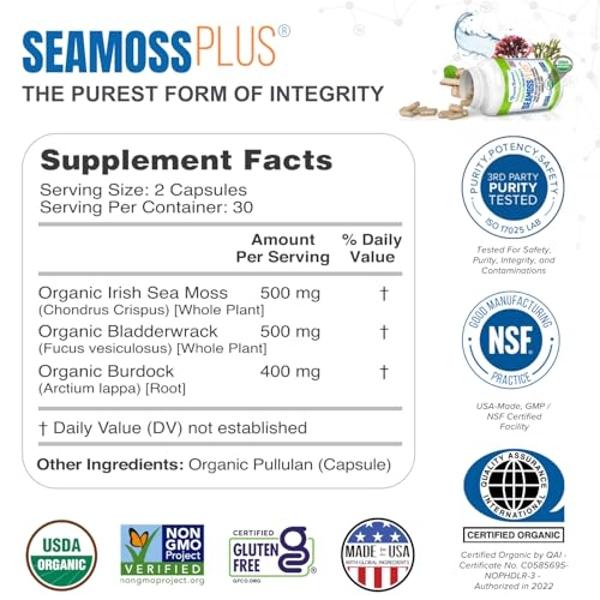 Power By Naturals Sea Moss Plus - USDA Certified Organic Wildcrafted Irish Seamoss, Bladderwrack & Burdock Root, Supplement for Immunity, 60Ct, 2 Pack