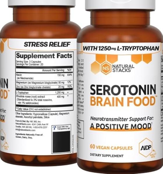 Serotonin Brain Food - 1250mg L-Tryptophan & 400mg Rhodiola Rosea Supplement - Mood Support Supplement for Stress Relief - Neurotransmitter Support with Magnesium Glycinate & Zinc 