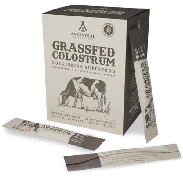 Ancestral Supplements Grass Fed Beef Bovine Colostrum Powder Packets, Immune Support Supplement, Gut, Skin & Hair Health Support Supplements, Promotes Growth and Repair, Non GMO, 3