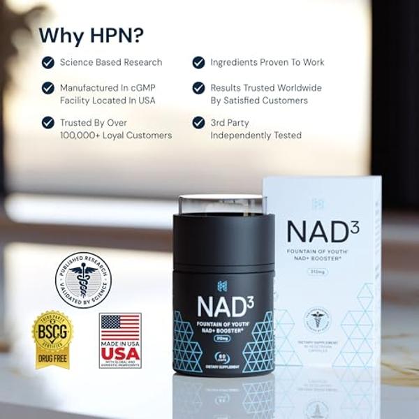 HPN NAD+ Booster (NAD3), Anti Aging Cell Booster, NRF2 Activator, Nicotinamide Riboside Alternative, NAD Supplement Natural Energy, Longevity, and Cellular Health, 312 Mg per Servi